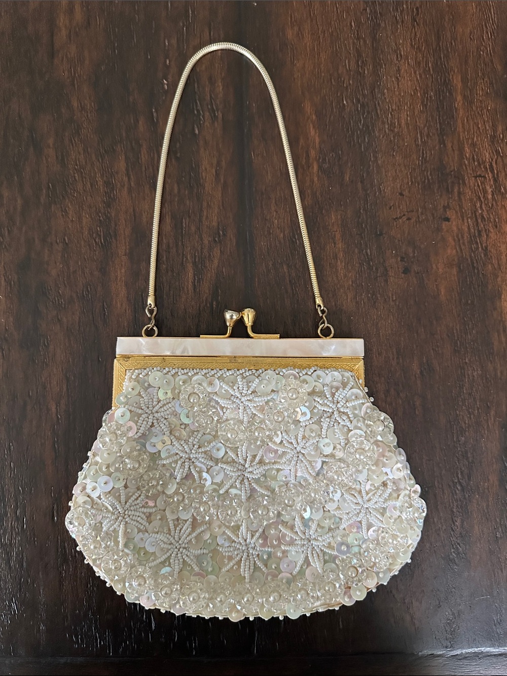 Vintage Beaded Ivory Evening Clutch with Gold Frame
